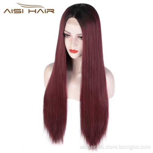 Aisi Hair Long Ombre Red Dark Root Wig Silky Straight Lace Frontal Wig Middle Part Synthetic Front Lace Hair Wigs For Women